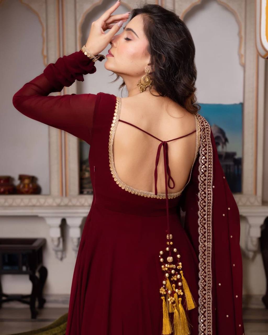 Maroon Faux Georgette Embroidered Anarkali Gown with Dupatta KFS-5222
