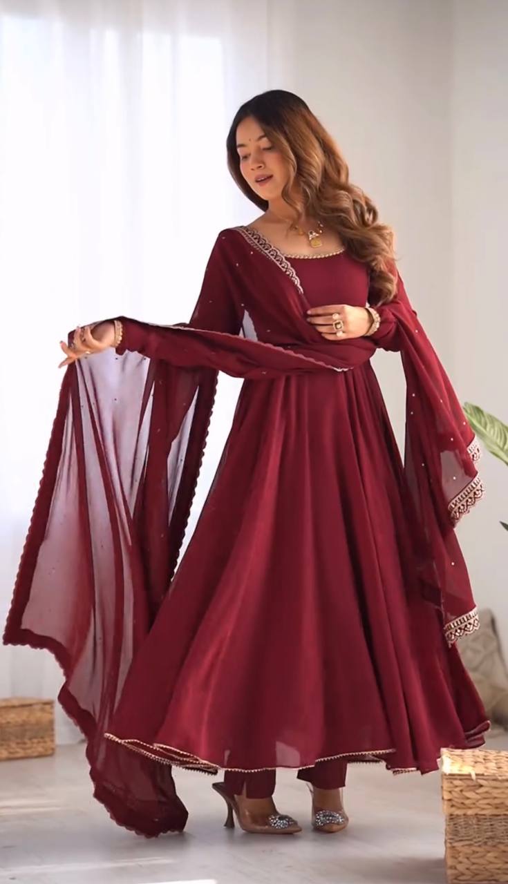 Maroon Faux Georgette Embroidered Anarkali Gown with Dupatta KFS-5222