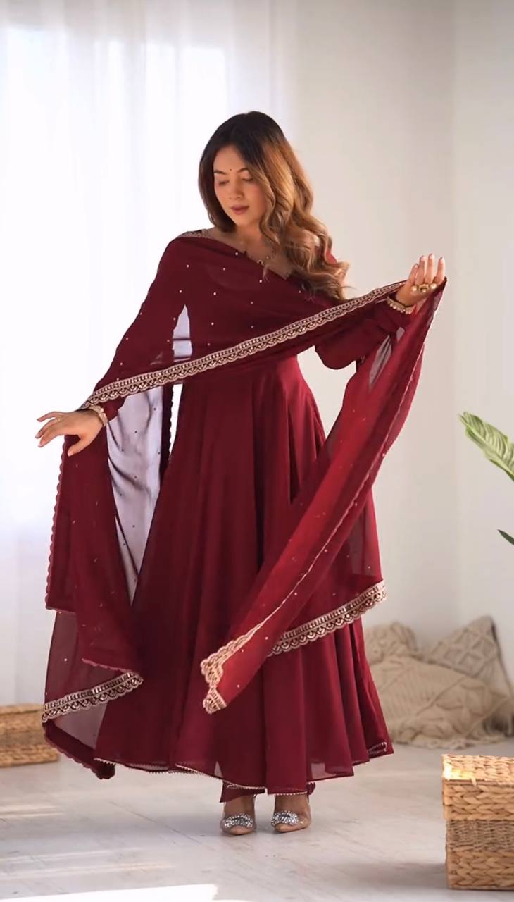 Maroon Faux Georgette Embroidered Anarkali Gown with Dupatta KFS-5222