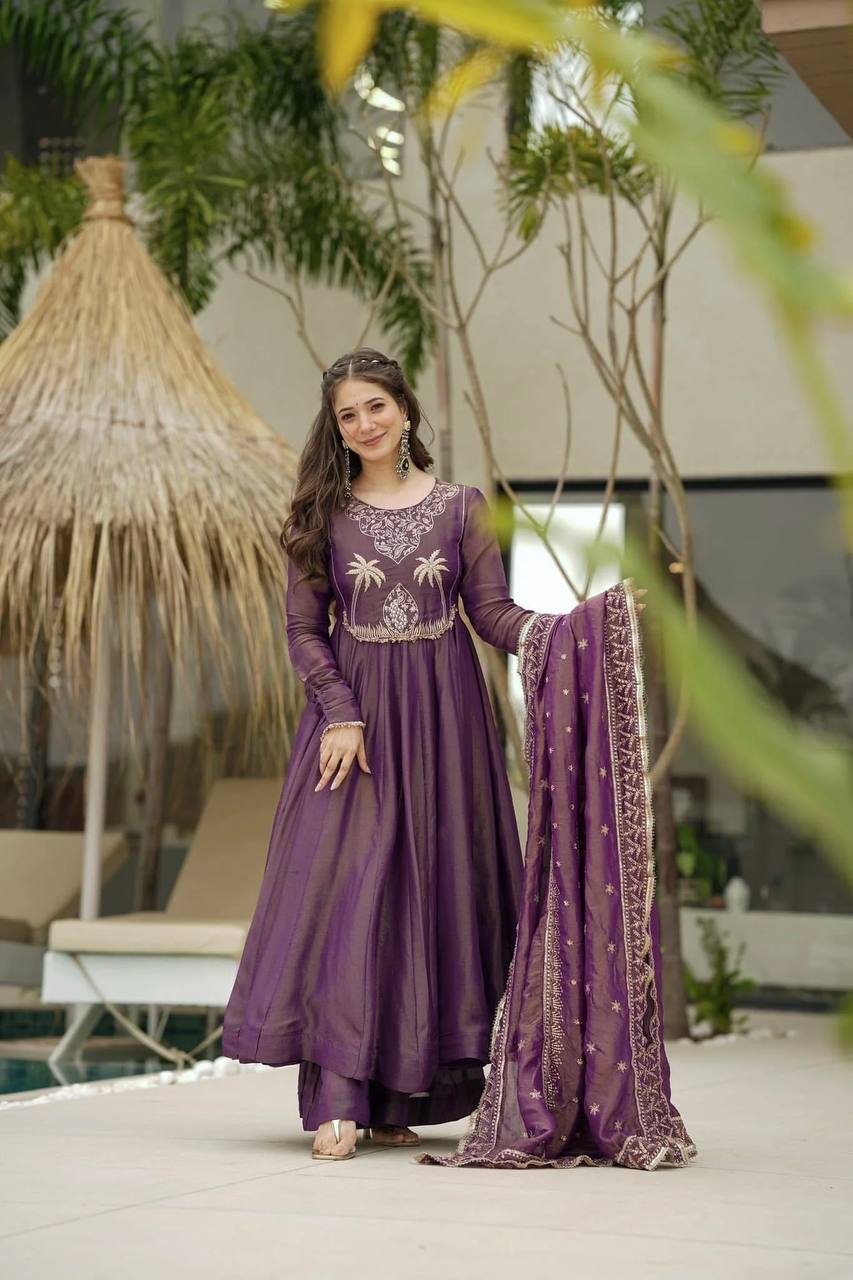 Royal Purple Embroidered Anarkali Gown with Dupatta – Festive & Wedding Wear