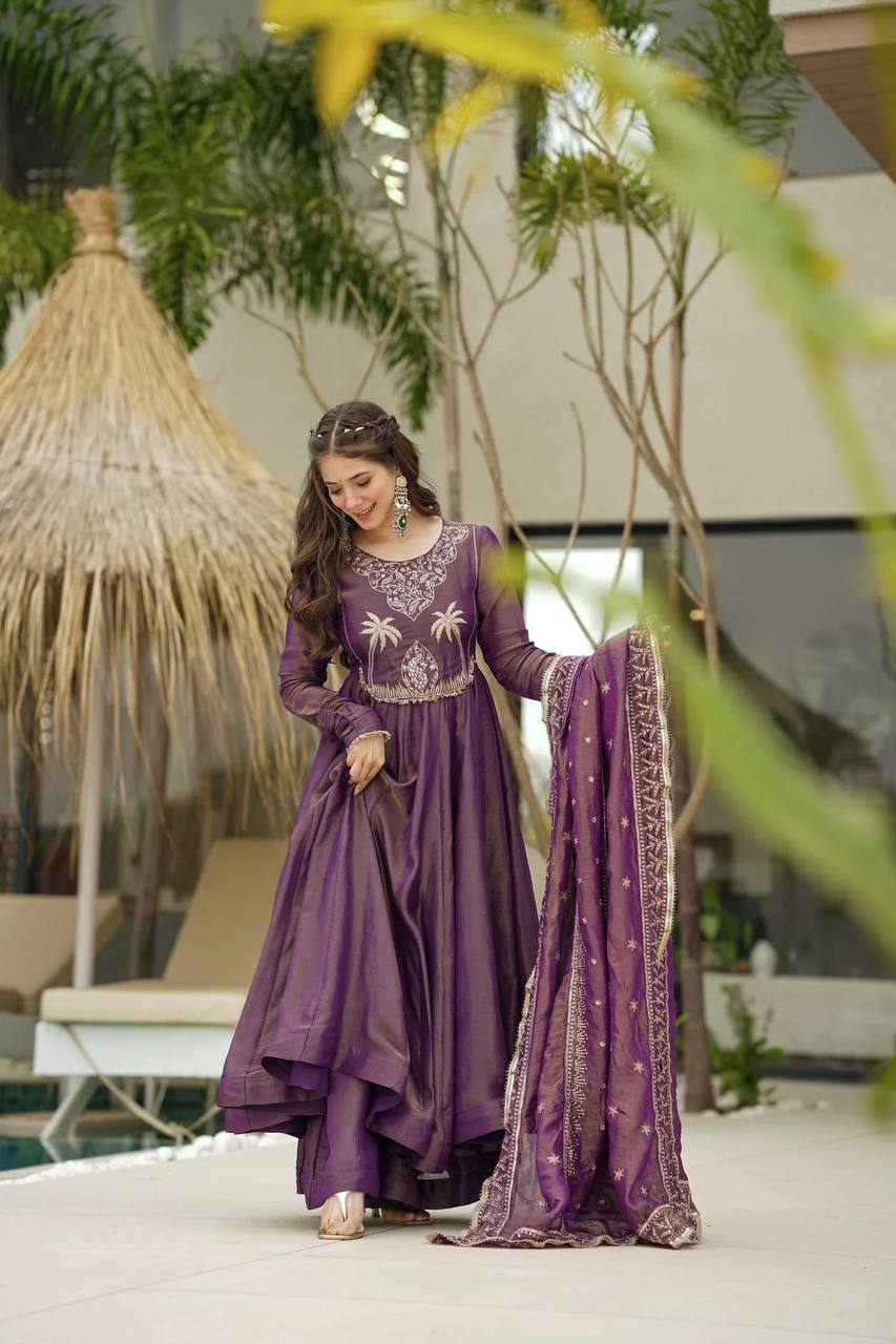 Royal Purple Embroidered Anarkali Gown with Dupatta – Festive & Wedding Wear