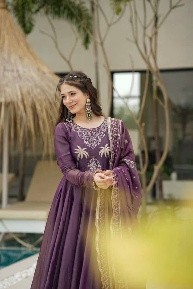 Royal Purple Embroidered Anarkali Gown with Dupatta – Festive & Wedding Wear