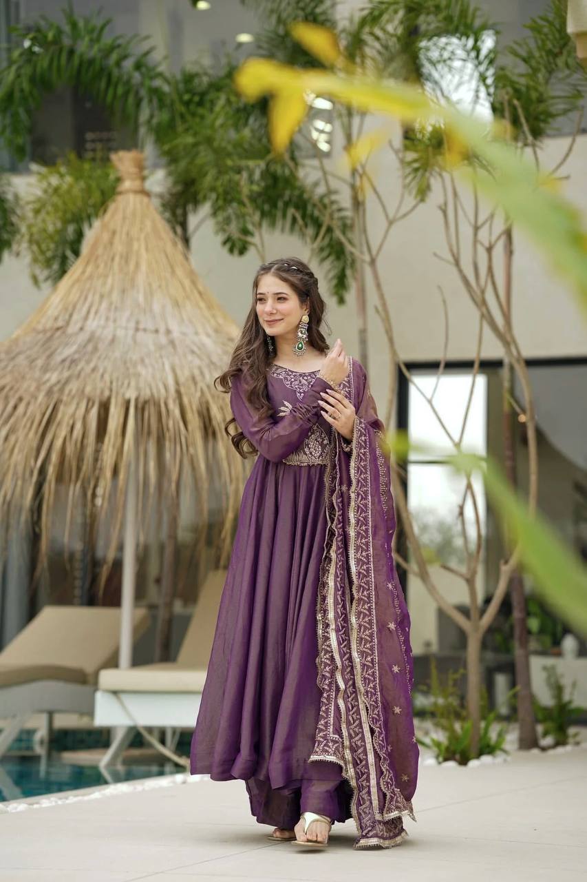 Royal Purple Embroidered Anarkali Gown with Dupatta – Festive & Wedding Wear