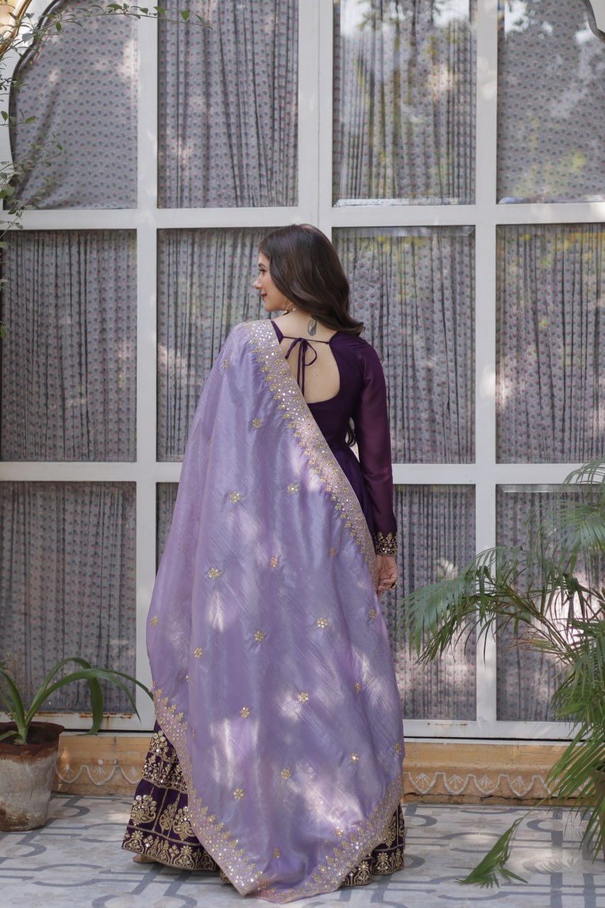 Purple Heavy Embroidered Gown with Mirror Work Dupatta – Festive Ethnic Set by KFK-1143