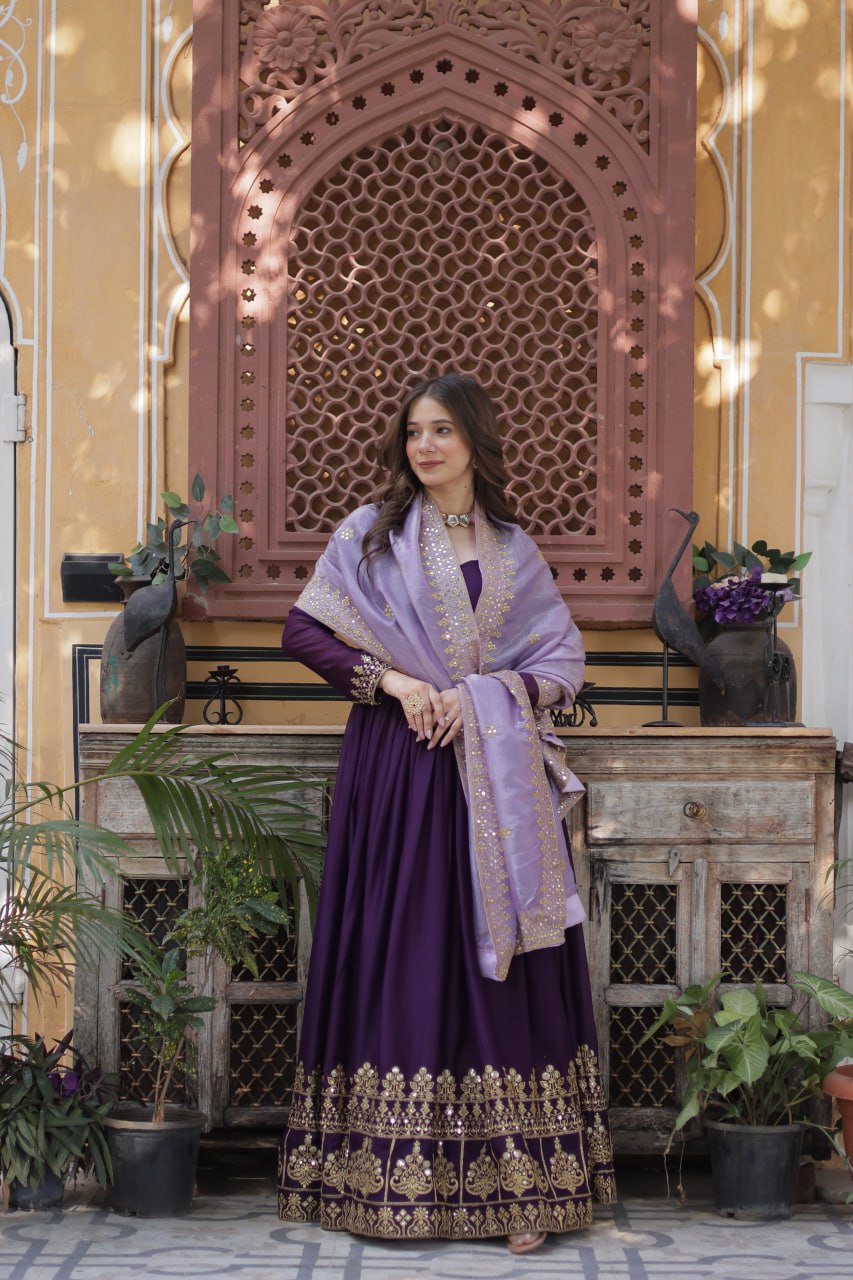 Purple Heavy Embroidered Gown with Mirror Work Dupatta – Festive Ethnic Set by KFK-1143