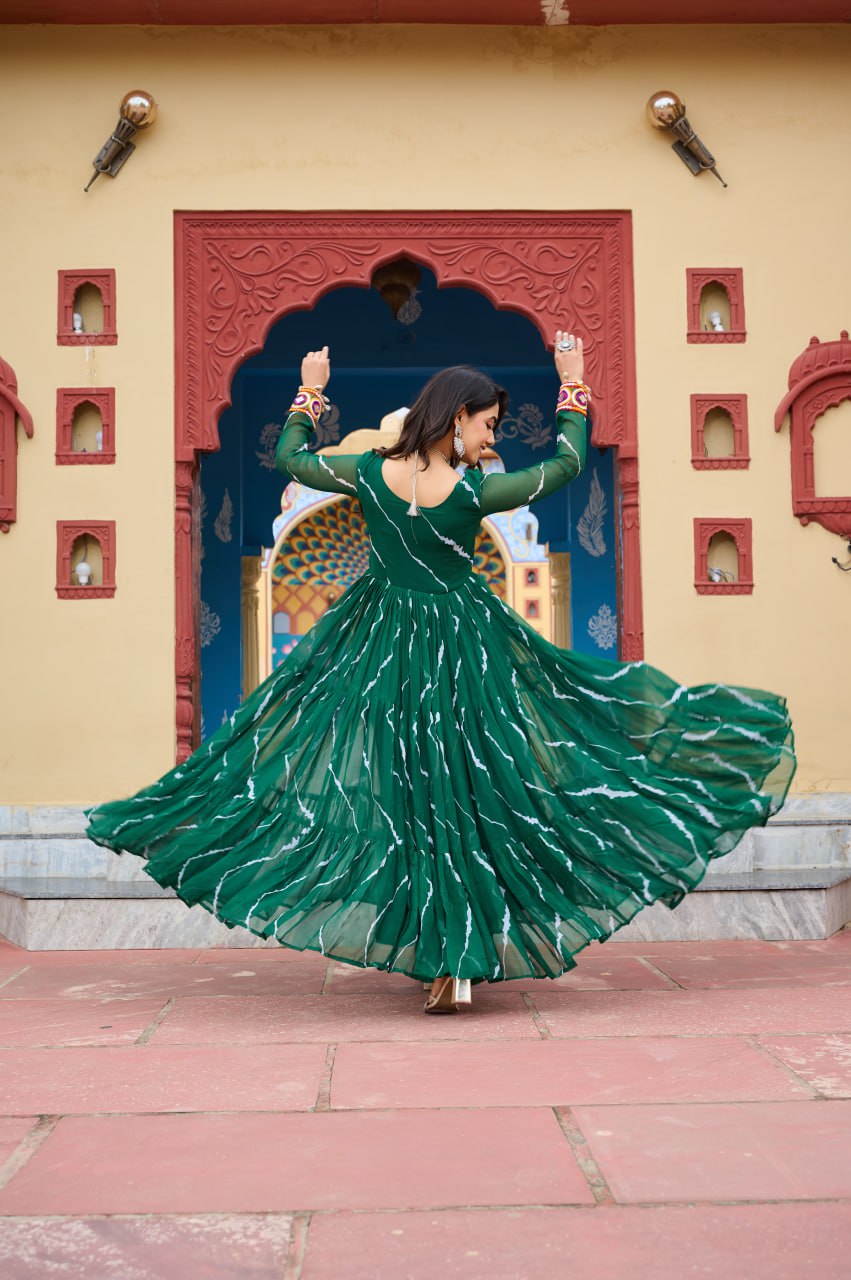 Bandhani Print Flared Anarkali Gown with Kutchi Mirror Work โ Navratri Special KFK-1187