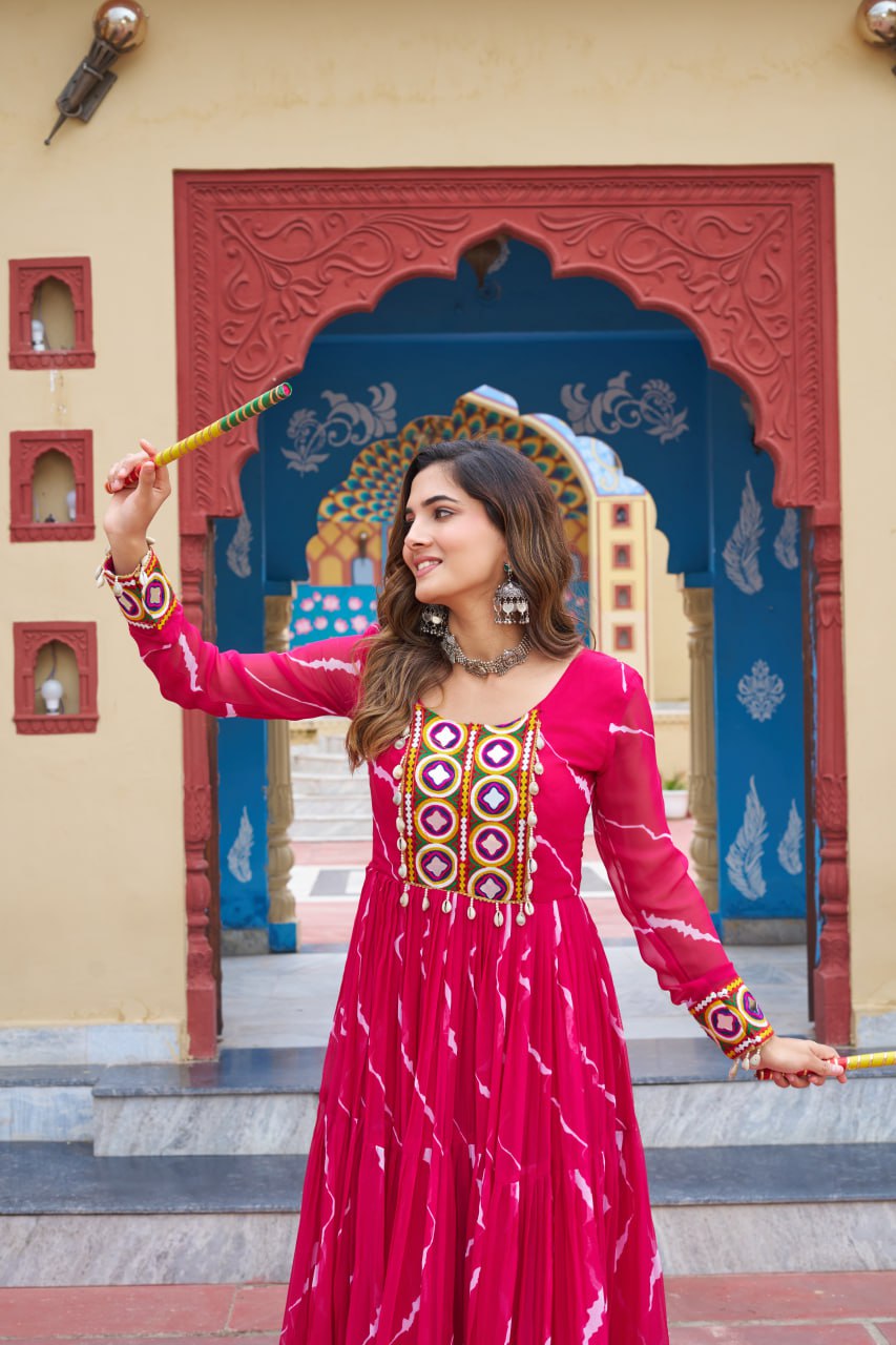 Bandhani Print Flared Anarkali Gown with Kutchi Mirror Work โ Navratri Special KFK-1187