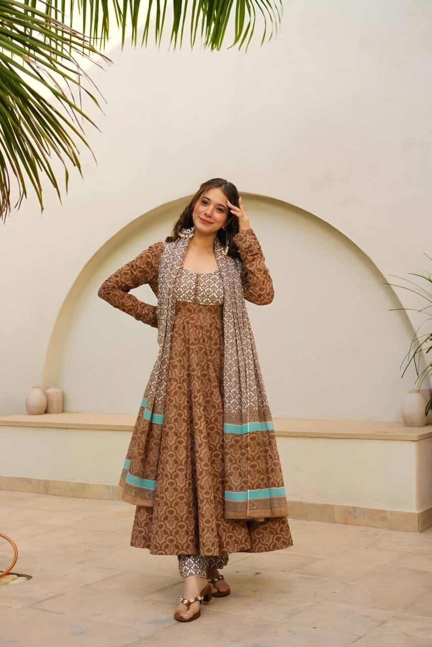 Elegant Brown Printed Anarkali Suit Set with Mirror Work Yoke & Chiffon Dupatta KFT-6050