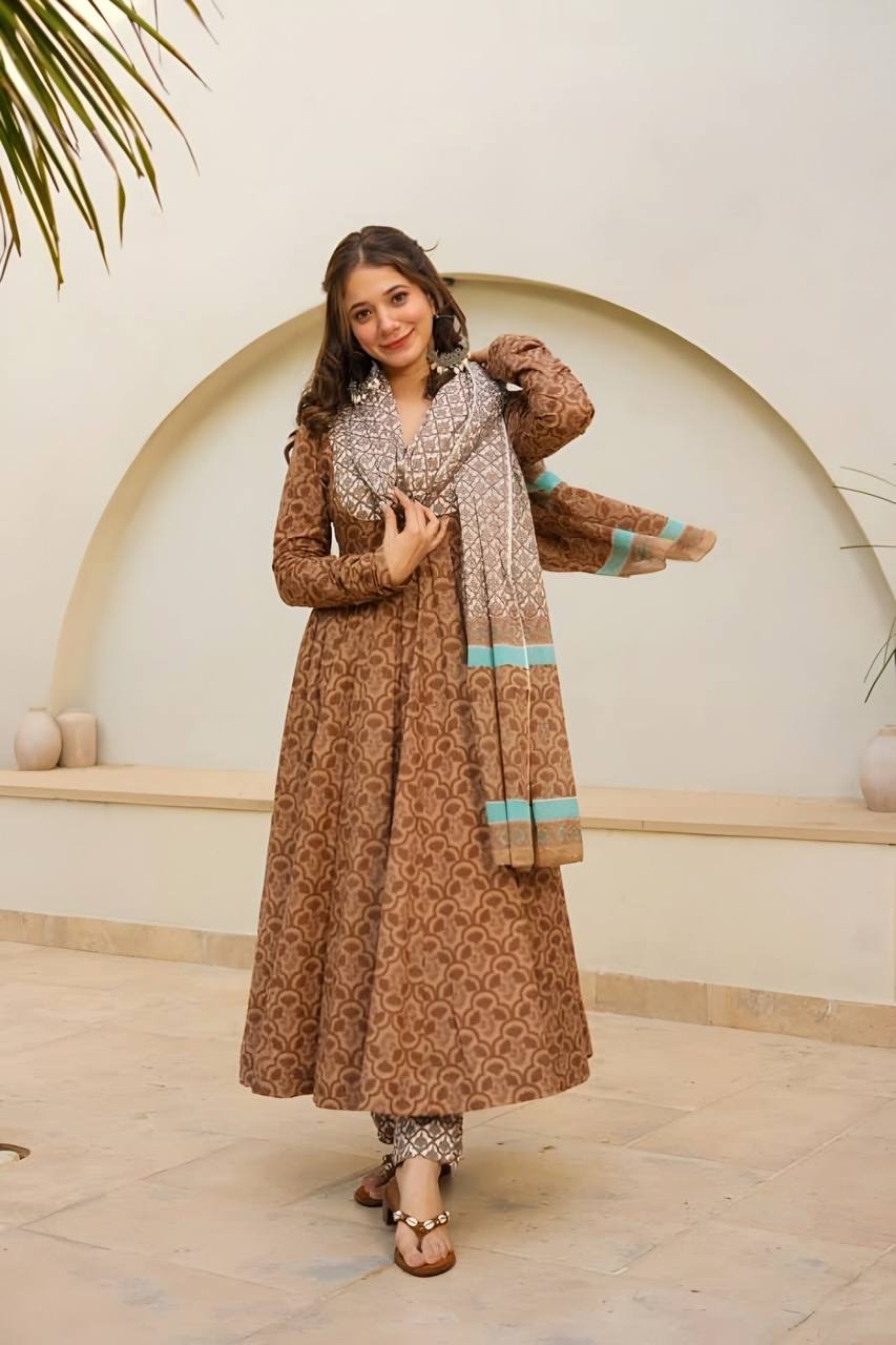 Elegant Brown Printed Anarkali Suit Set with Mirror Work Yoke & Chiffon Dupatta KFT-6050