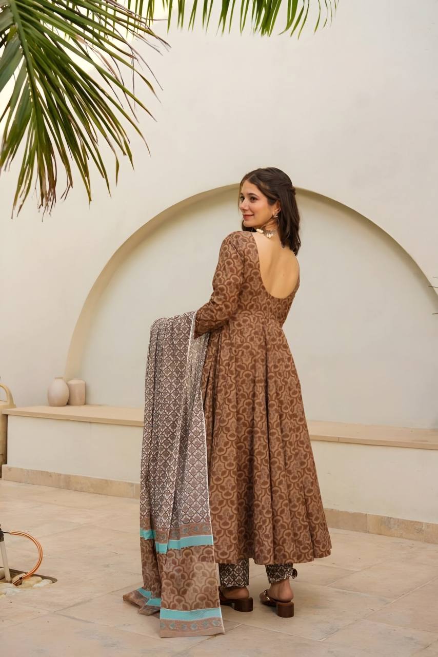 Elegant Brown Printed Anarkali Suit Set with Mirror Work Yoke & Chiffon Dupatta KFT-6050