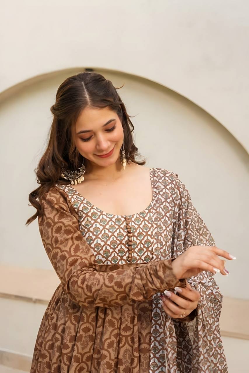 Elegant Brown Printed Anarkali Suit Set with Mirror Work Yoke & Chiffon Dupatta KFT-6050