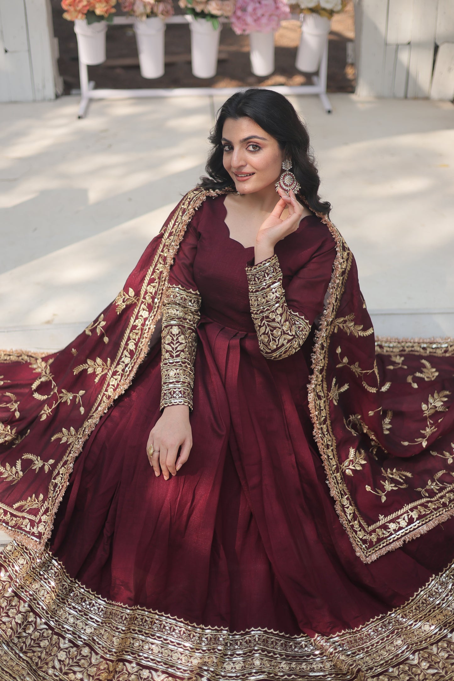 Designer Anarkali Suit Set - Dark Maroon with Intricate Thread-Sequins Embroidery