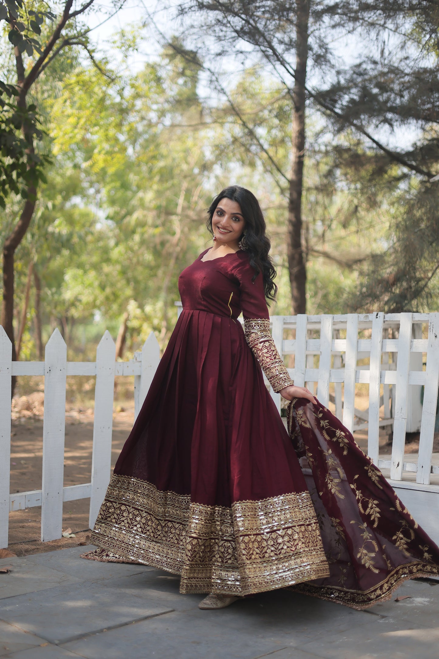 Designer Anarkali Suit Set - Dark Maroon with Intricate Thread-Sequins Embroidery