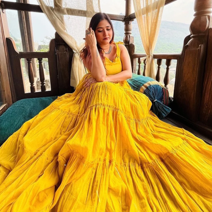 Mustard Yellow Tiered Maxi Dress with Tie - up sleeve - Flowy Ethnic Funsion Outfit - 007