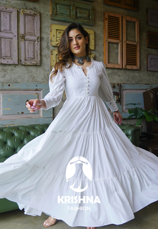 White Flared Maxi Dress with Puffy sleeves & Front Buttons - 008
