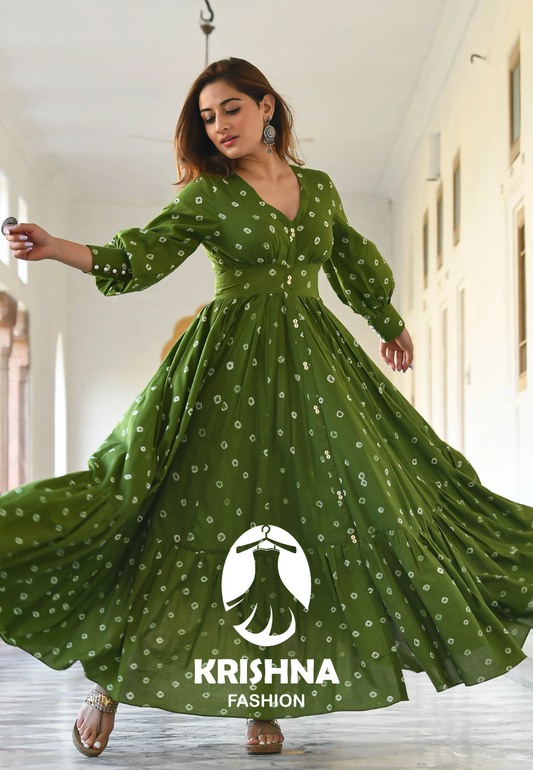 Olive Green Bandhani Print Flared Maxi Dress with Puff sleeves - 009