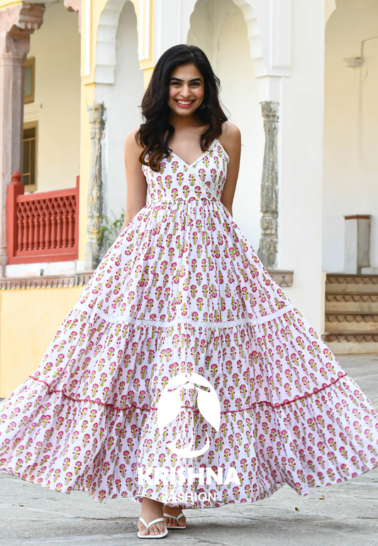 Floral Hand Block Print Cotton Anarkali Maxi Dress for Women – Sleeveless Ethnic Summer Wear - 010