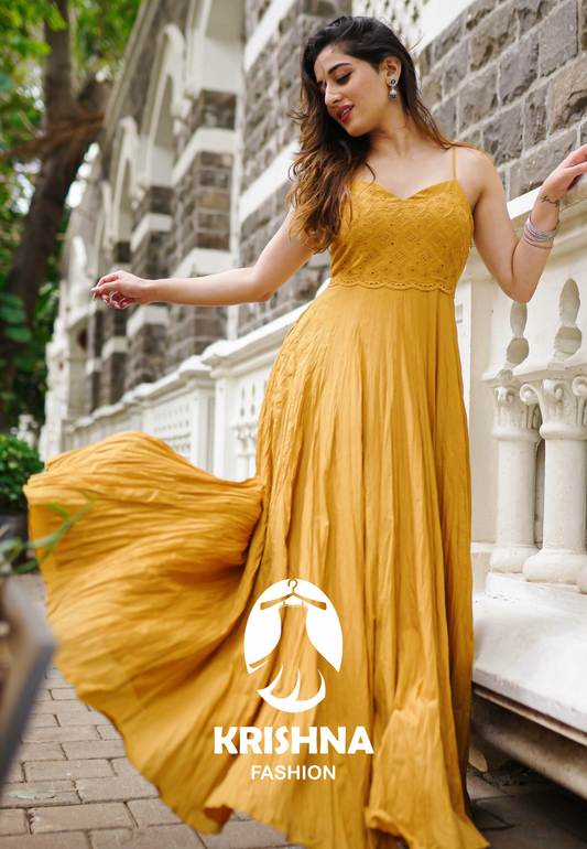 Mustard Yellow Tiered Maxi Dress with Tie - up sleeve - Flowy Ethnic Funsion Outfit - 007