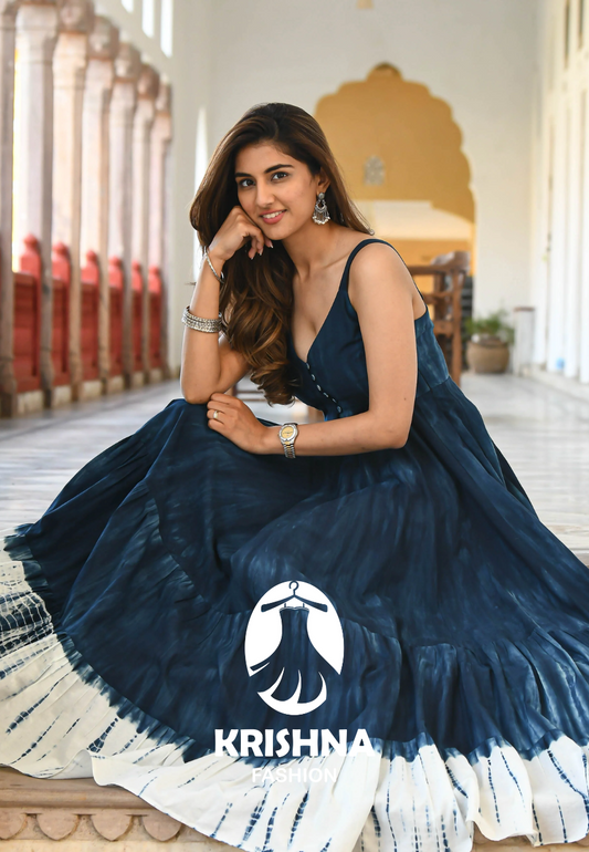 Navy Blue Tie-dye sleeveless Maxi Dress for women - 006