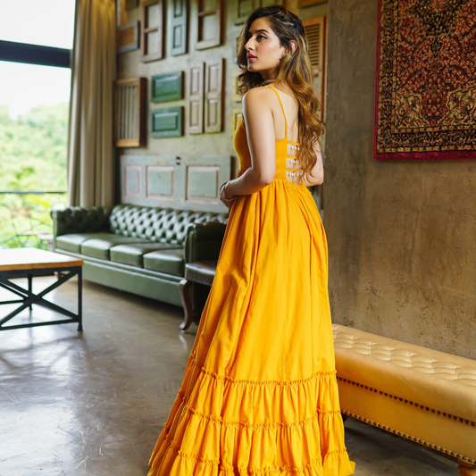 Mustard Yellow Spaghetti Strap flowy Ruffle Maxi Dress - 004