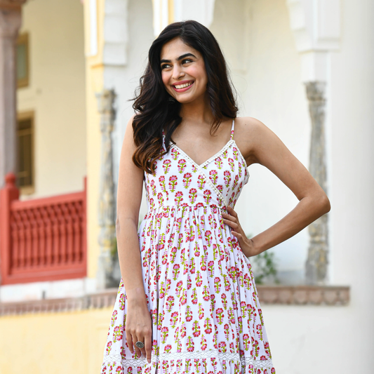 Floral Hand Block Print Cotton Anarkali Maxi Dress for Women – Sleeveless Ethnic Summer Wear - 010