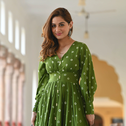 Olive Green Bandhani Print Flared Maxi Dress with Puff sleeves - 009