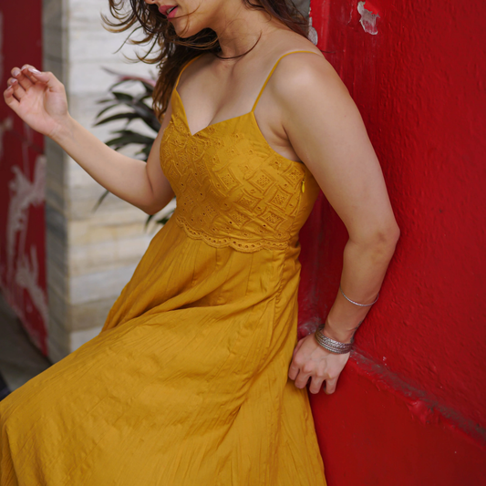 Mustard Crinkled flowy Maxi Dress with embroidered Bodice - 005