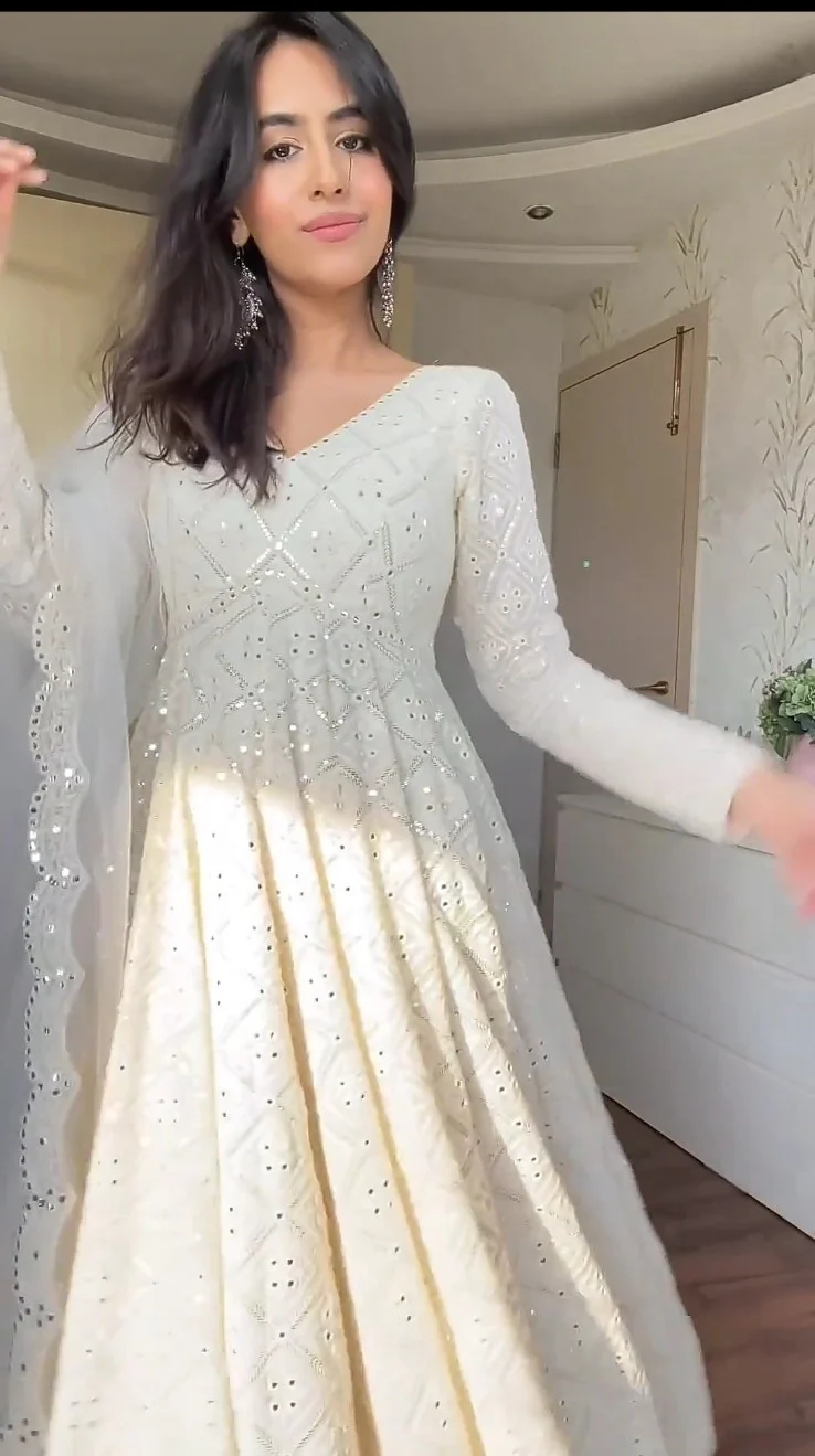 LAKHNAWI EMBROIDERED GEORGETTE ANARKALI FULLY STITCHED SUIT SET OFF WHITE  KF-115