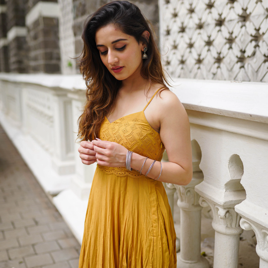 Mustard Crinkled flowy Maxi Dress with embroidered Bodice - 005
