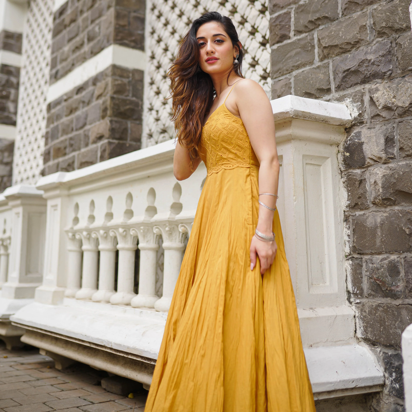 Mustard Crinkled flowy Maxi Dress with embroidered Bodice - 005