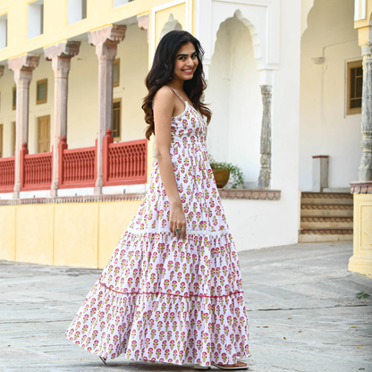 Floral Hand Block Print Cotton Anarkali Maxi Dress for Women – Sleeveless Ethnic Summer Wear - 010