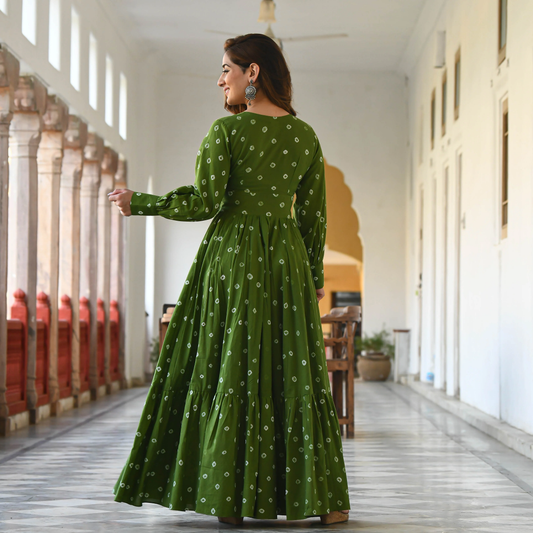 Olive Green Bandhani Print Flared Maxi Dress with Puff sleeves - 009