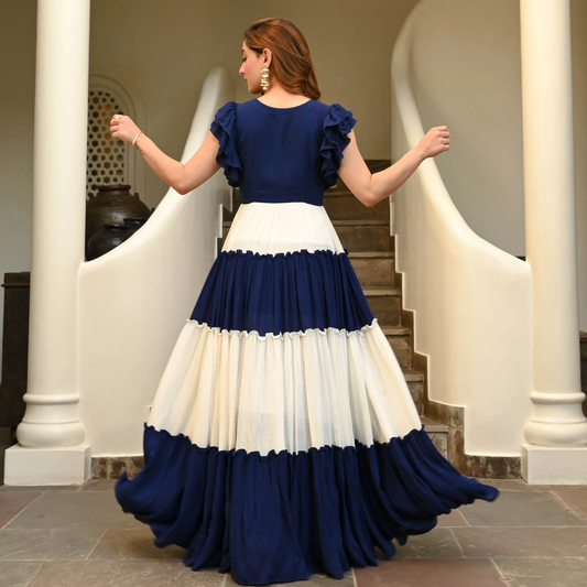 Navy Blue & White Colorblack Ruffle sleeve Tieres Maxi Dress - 002