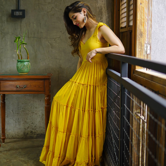 Mustard Yellow Tiered Maxi Dress with Tie - up sleeve - Flowy Ethnic Funsion Outfit - 007