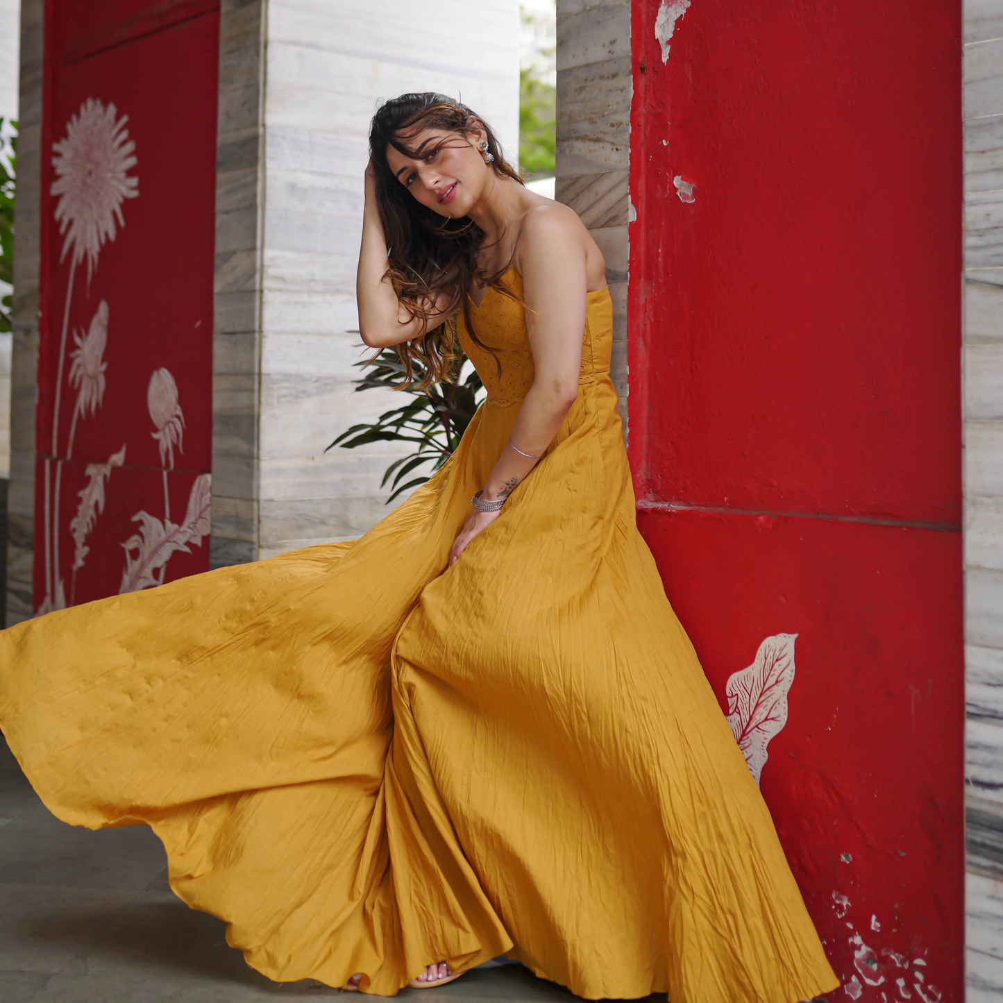 Mustard Crinkled flowy Maxi Dress with embroidered Bodice - 005
