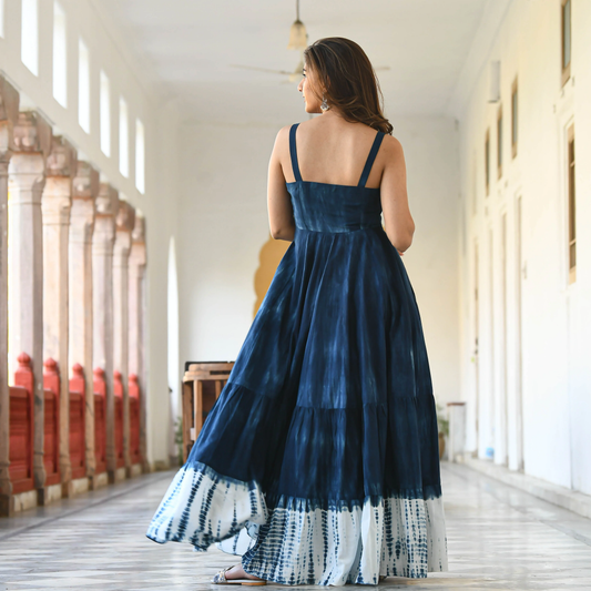 Navy Blue Tie-dye sleeveless Maxi Dress for women - 006