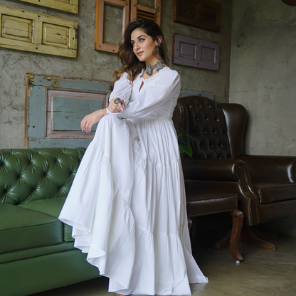 White Flared Maxi Dress with Puffy sleeves & Front Buttons - 008