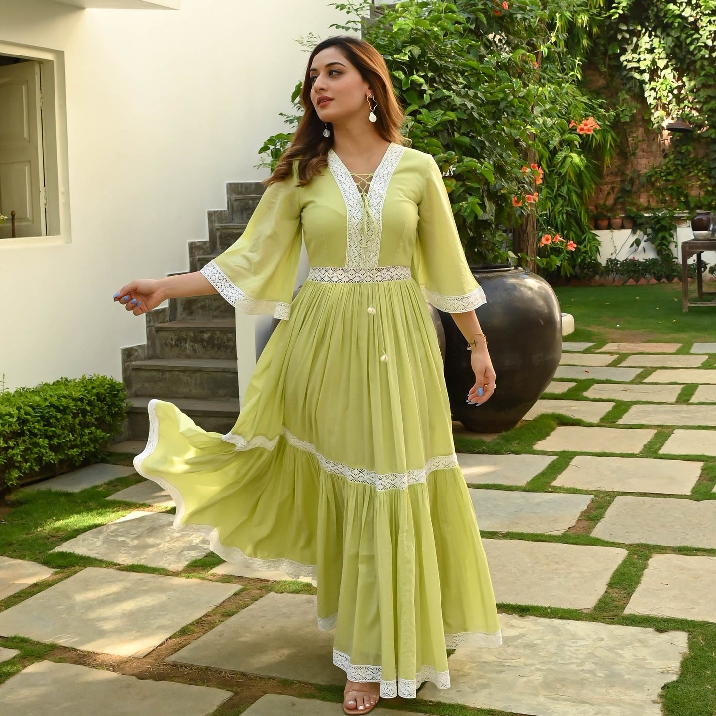 Krishna  MELLOW GREEN WHITE LACE DRESS - 014
