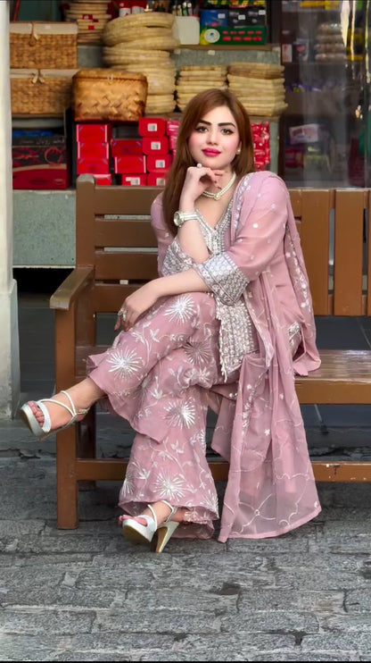 Presenting Rose Pink Georgette Silk Top-Sharara And Dupatta Set KF-836