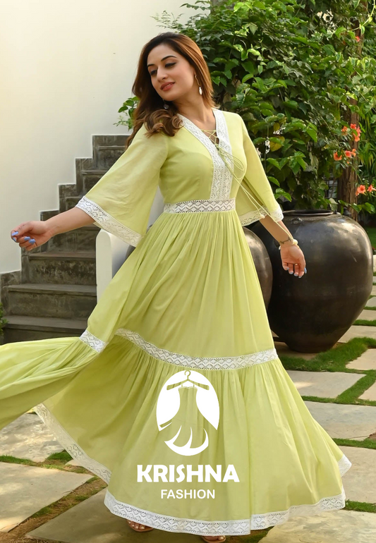 Krishna  MELLOW GREEN WHITE LACE DRESS - 014