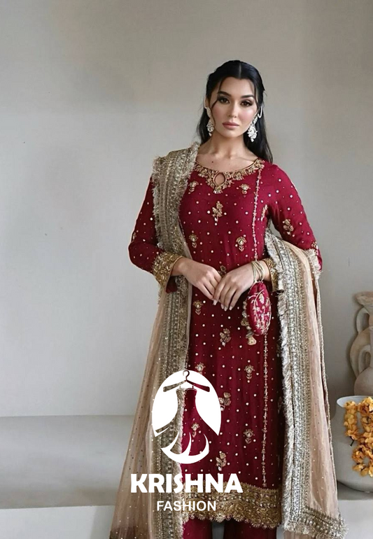Designer Embroidered Suit Set for Women with Net Dupatta & Potli KFSR-1665