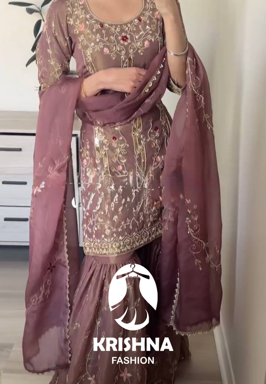 Luxury Embroidered Mauve Net Sharara Suit Set with Dupatta – Designer Party Wear for Women KFZ-3111