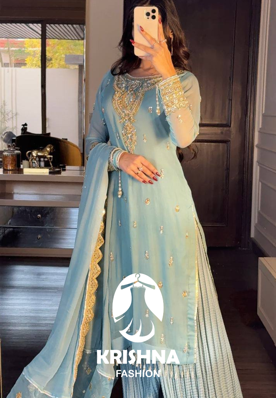 Elegant Sky Blue Embroidered Chiffon Pakistani Suit with Sharara Pants & Dupatta KFS-5253