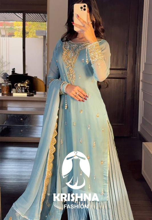 Elegant Sky Blue Embroidered Chiffon Pakistani Suit with Sharara Pants & Dupatta KFS-5253