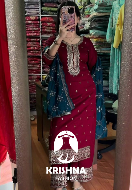 Heavy Embroidered Cotton Kurta Set with Dupatta | Fully Stitched Ethnic Wear for Women KFS-5245