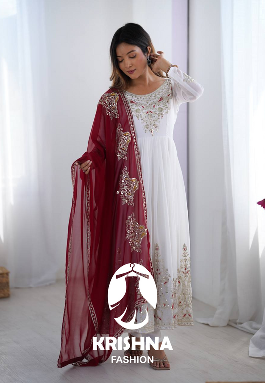 Elegant White Anarkali Suit with Maroon Embroidered Dupatta KFZ-5008