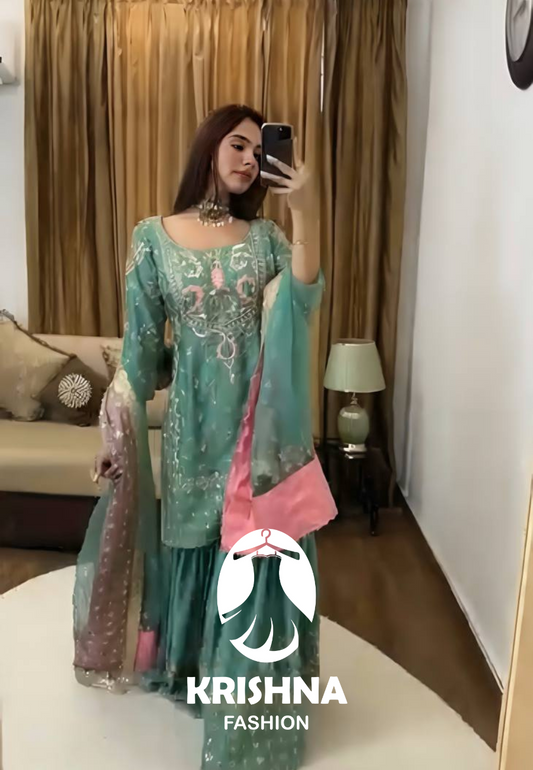 Embroidered Chinnon Silk Sharara Set with Net Dupatta – Teal Green & Pink KFS-5255
