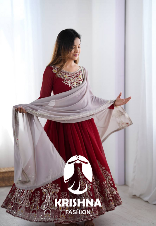 Maroon Anarkali Gown with Heavy Embroidery and Net Dupatta KFZ-5008