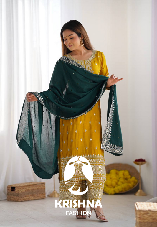 Teal Blue Embroidered Straight Suit Set with Red Dupatta KFS-5140
