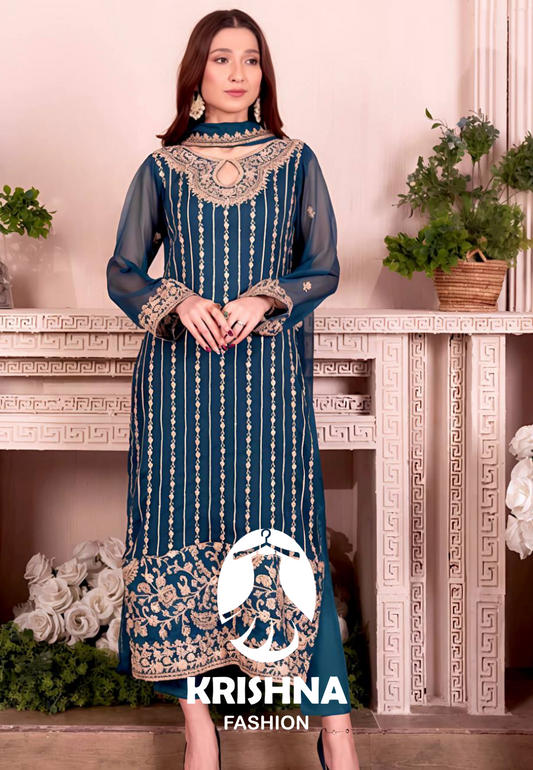 Premium Teal Blue Georgette Embroidered Suit Set for Women KFN-843